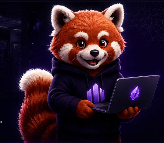 Mascote Miner Rox usando notebook